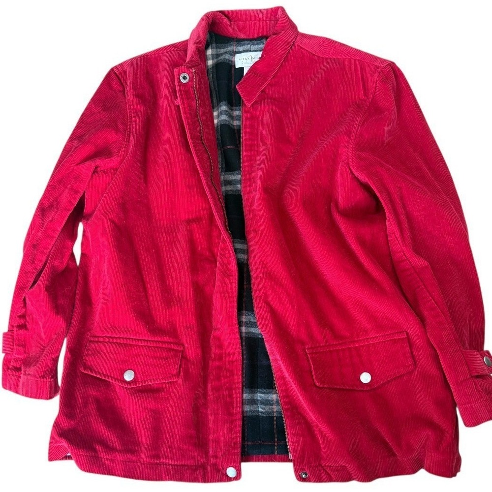 Womens 90s Y2K Red Corduroy Barn Coat Plaid Lined Field Jacket Preppy Heritage